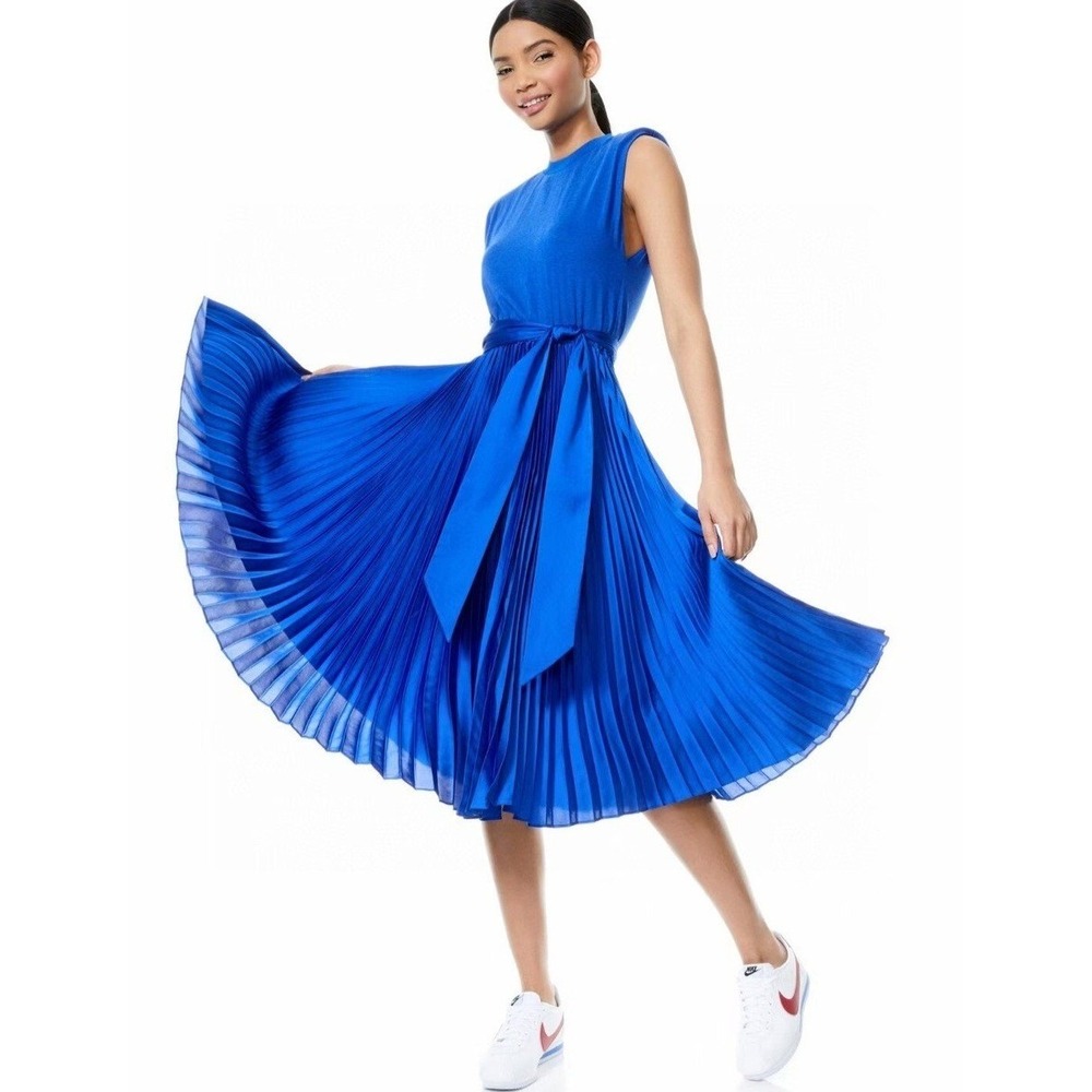 Alice + Olivia Yuki Strong Shoulder Pleated Midi Dress Cobalt Blue Size 8
